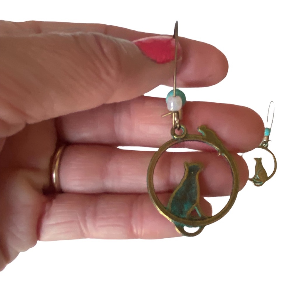 Boho Cat Dangle Earrings with Turquoise Accent - Picture 4 of 5